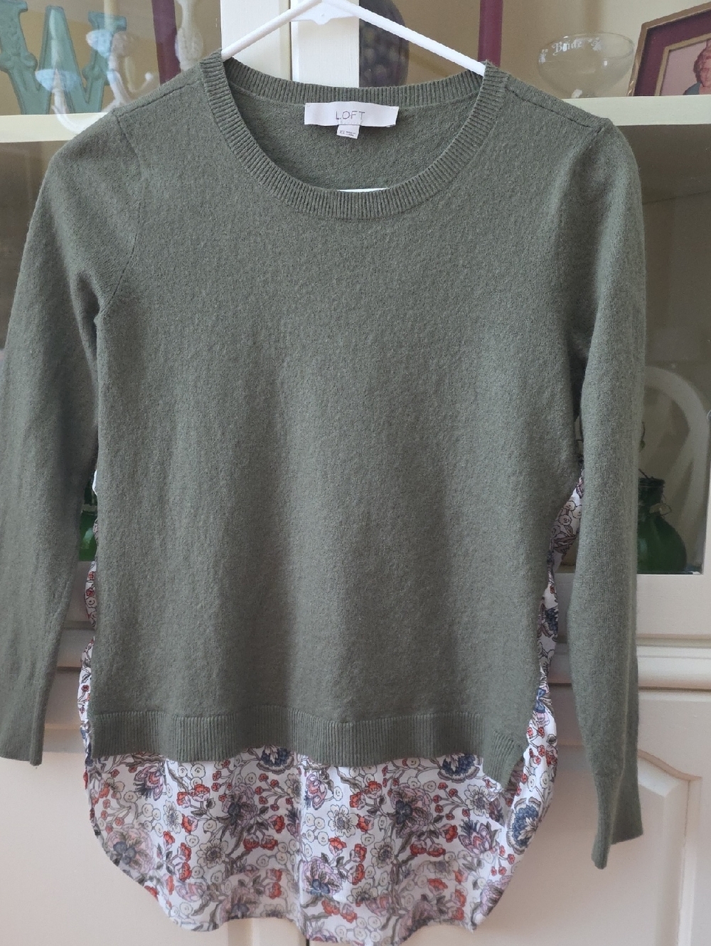 LOFT Olive Layered-Knit Sweater with Floral Hem and back.